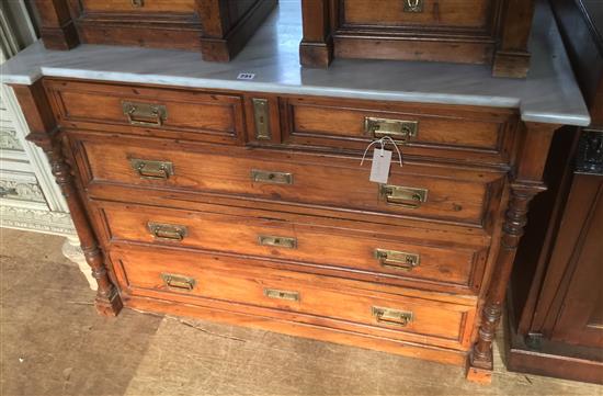 Pine chest of drawers with turned pilasters & marble top